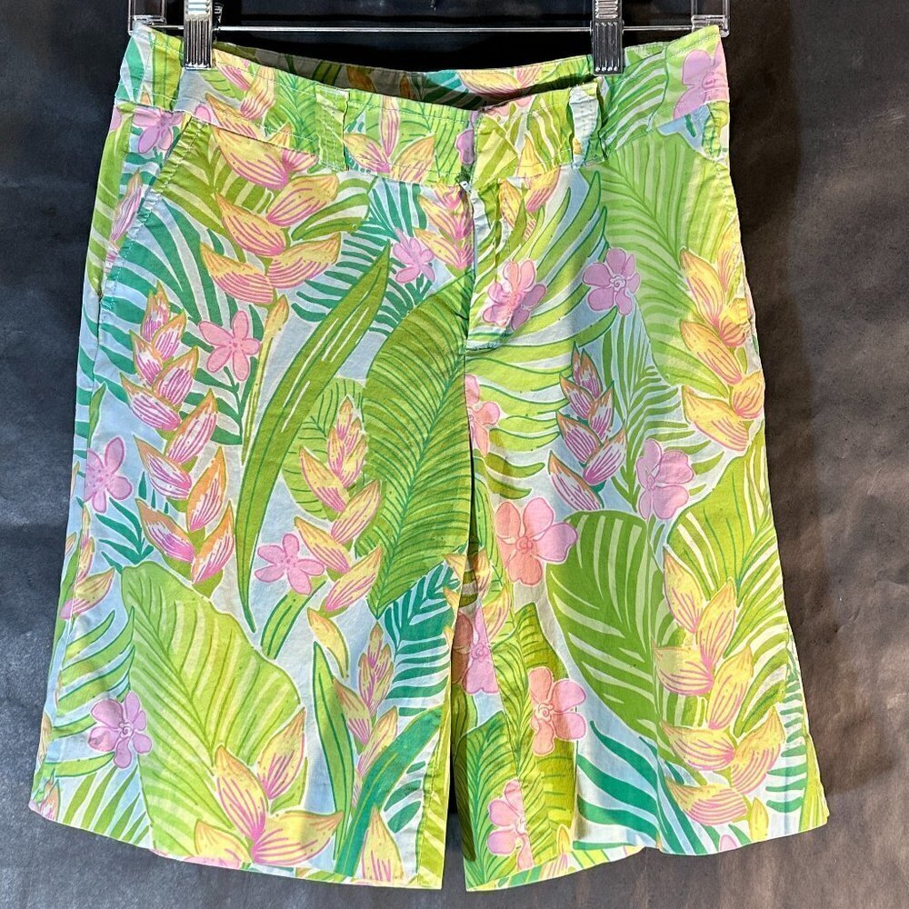 Lilly Pulitzer Shorts Size 4 Floral Tropical Pink Green Aloha Hawaiian Cotton